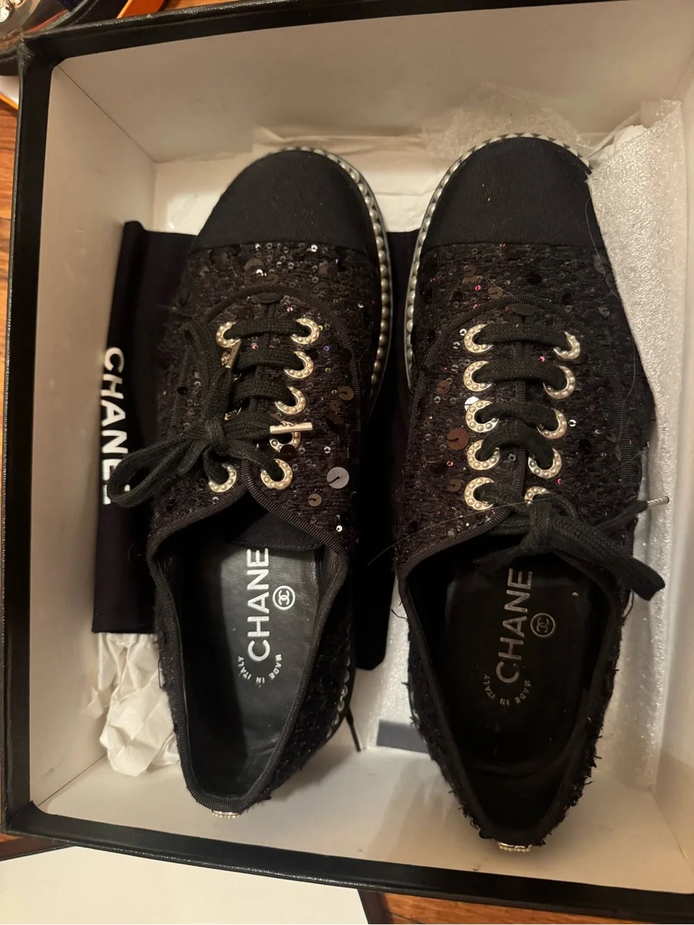CHANEL Black Tweed Pearl-Trim Slip-On Sneakers
